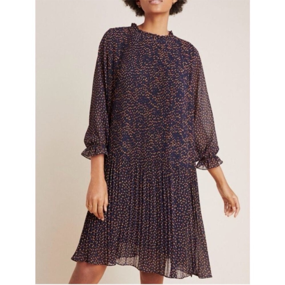 Anthropologie Navy Dress with Orange & Cream Dot Print